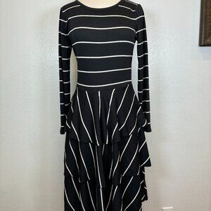 NWT LULAROE Georgia Dress Layered Ruffle Tiered Bottom Stripe Black White Size L
